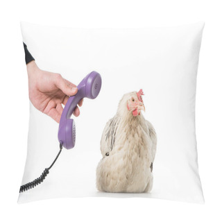 Personality  Cropped Shot Of Person Giving Handset To Chicken Isolated On White Pillow Covers