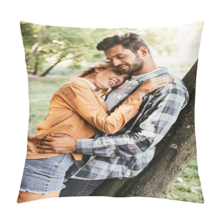 Personality  Attractive Young Woman Embracing Boyfriend While Standing Near Tree Trunk In Park Pillow Covers