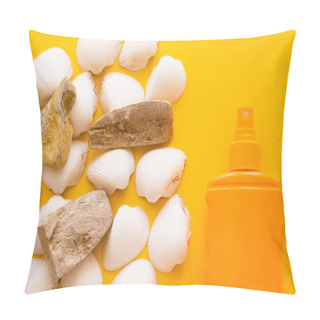 Personality  Top View Of Seashells And Stones Near Sunblock On Yellow Background  Pillow Covers