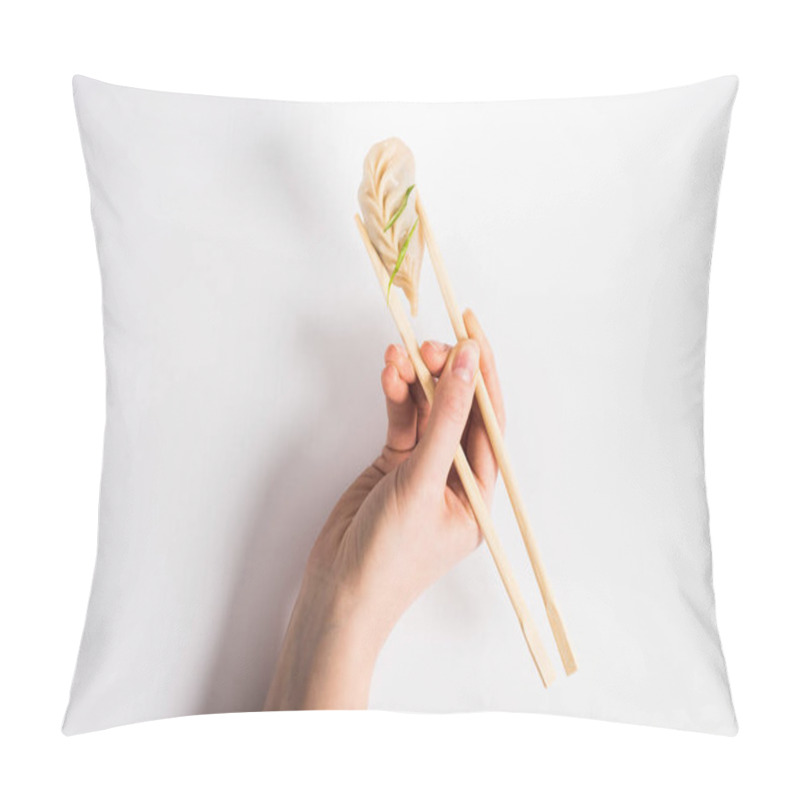 Personality  Cropped View Of Woman Holding Delicious Chinese Boiled Dumpling With Chopsticks On White Background Pillow Covers
