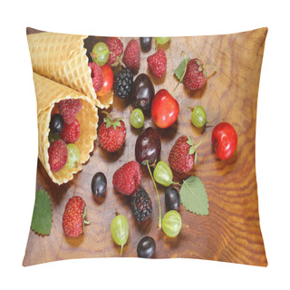 Personality  Various Fresh Organic Berries In Waffle Cone Ice Cream Pillow Covers