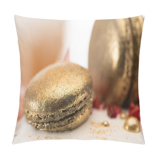 Personality  Close Up View Of Delicious Easter Cake With Golden French Macaroons Pillow Covers