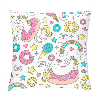 Personality  Seamless Pattern With Fun Unicorns In Donuts. Vector Cartoon Style Cute Character On White Background Pillow Covers
