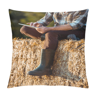 Personality  Cropped View Of Self-employed Farmer Using Digital Tablet While Sitting On Bale Of Hay  Pillow Covers