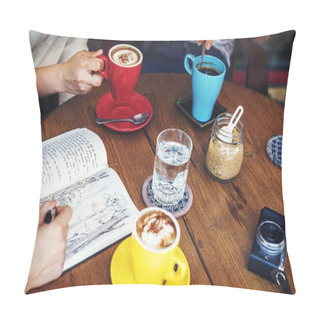 Personality  Friends Drinking Beverage In Cafe Pillow Covers