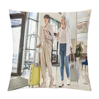 Personality  Senior Lesbian Couple With Luggage, Standing Affectionately. Pillow Covers