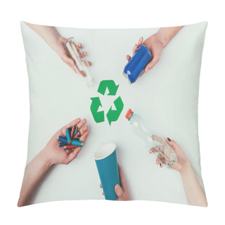 Personality  Partial View Of People Showing Various Types Of Garbage Around Recycle Sign Isolated On Grey Pillow Covers