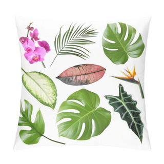 Personality  Set Of Fresh Tropical Leaves And Flowers On White Background Pillow Covers
