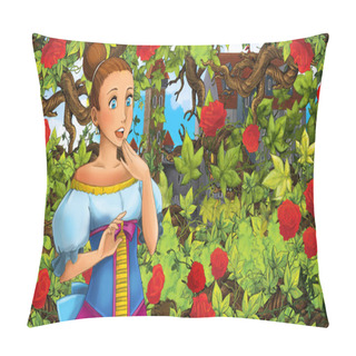 Personality  Cartoon Scene Of Beautiful Princess In The Garden - Castle In The Background - Illustration For Children Pillow Covers