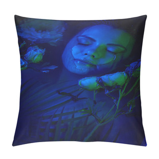 Personality  Feminine Beauty, Relaxed Young Woman Lying Among Palm Leaves And Flowers In Water, Dive Pillow Covers