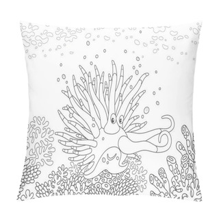Personality  Funny Tropical Mollusc Among Amazing Corals On A Reef, A Black And White Vector Illustration In A Cartoon Style For A Coloring Book Pillow Covers