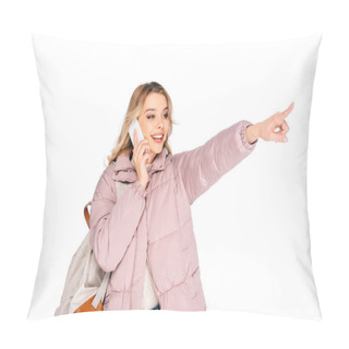 Personality  Smiling Blonde Girl With Backpack Talking By Smartphone And Pointing Away With Finger Isolated On White  Pillow Covers