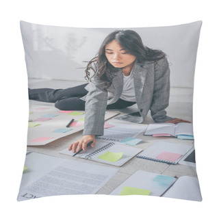 Personality  Attractive Asian Scrum Master Sitting On Floor And Holding Pen Near Contract  Pillow Covers