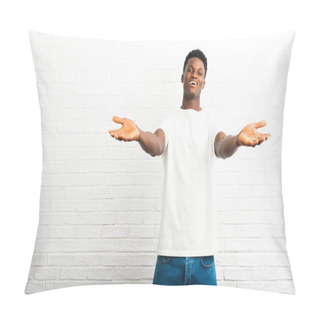 Personality  Dark Skinned Man Presenting And Inviting To Come With Hand. Happy That You Came Pillow Covers