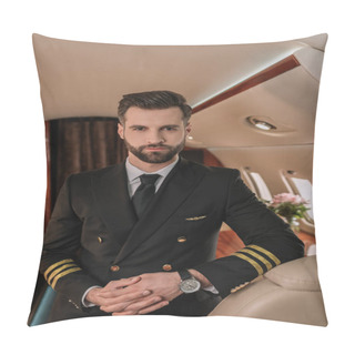 Personality  Handsome, Confident Pilot Looking At Camera While Standing In Plane Pillow Covers