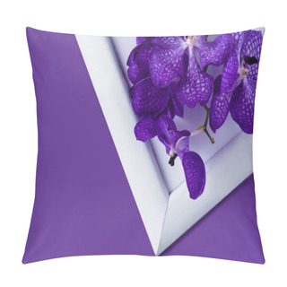 Personality  Top View Of Orchid Flowers On White Frame On Purple Surface Pillow Covers
