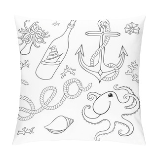 Personality  A Set Of Elements: Seashells, Rope, Anchor, Octopus, A Bottle Wi Pillow Covers