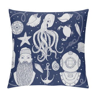 Personality  Hand Drawn Vintage Nautical Set. It Consists Of Octopus, Sailor, Bottle With A Message, Seashells, Crab, Compass, Diving Helmet, Rope And Sea Knot. Vector Illustration. Pillow Covers