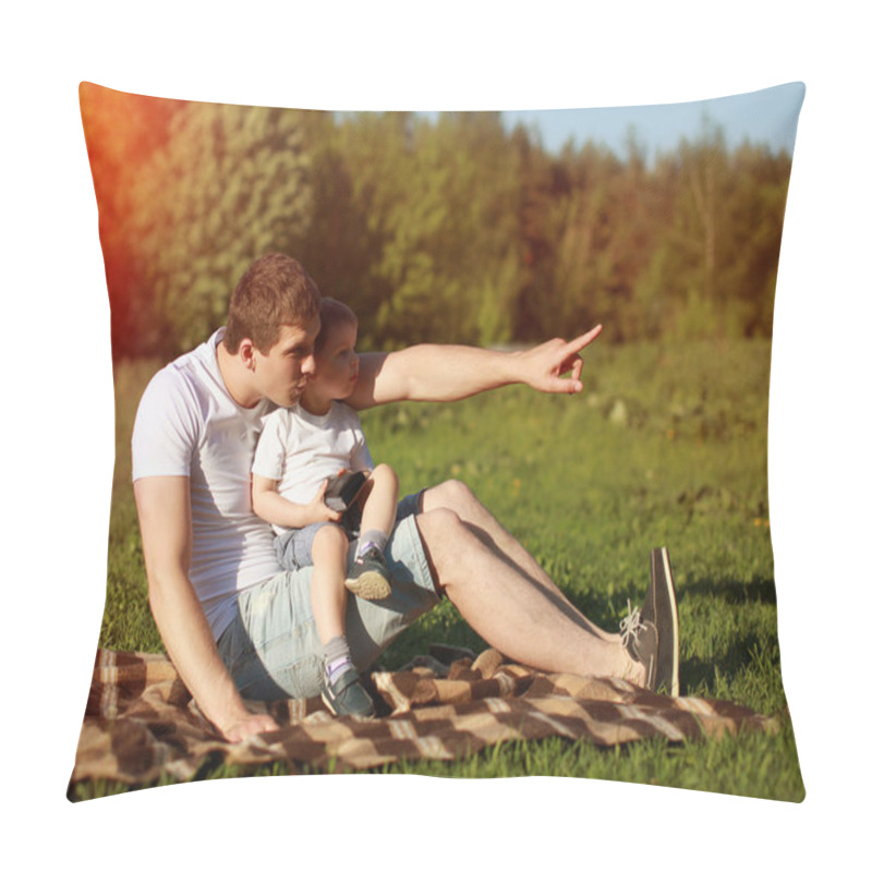Personality  Happy young dad and son having fun, nature, evening, sunset, fat pillow covers