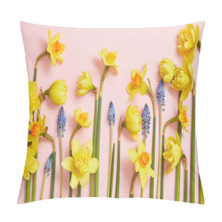Personality  Top View Of Beautiful Blue Hyacinths And Yellow Daffodils On Pink  Pillow Covers