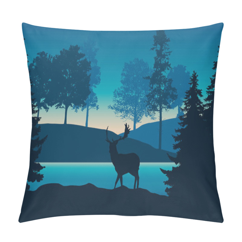 Personality  Realistic Illustration Of Hilly Landscape With Forest, River Or Lake And Standing Deer Under Blue-green Sky With Dawn - Vector Pillow Covers