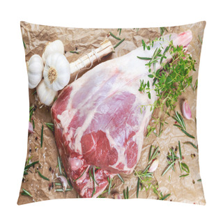 Personality  Raw Lamb Leg On Crumpled Paper Background With Herbs. Pillow Covers