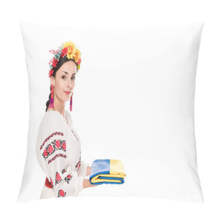 Personality  Side View Of Brunette Young Woman In National Ukrainian Costume Holding Flag Isolated On White Pillow Covers