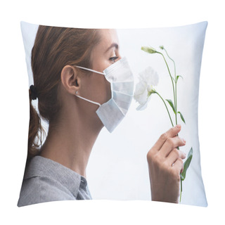 Personality  Side View Of Woman In Medical Mask Smelling Flowers  Pillow Covers