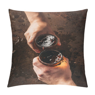 Personality  Cropped Shot Of Friends Clinking Mugs Of Beer At Dark Surface Pillow Covers