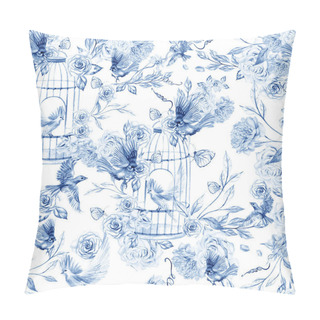 Personality  Beautiful Watercolor Pattern With Birds And Flowers And Bird Cage. Illustration Pillow Covers