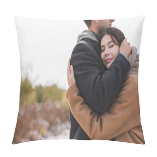 Personality  Pleased Woman With Closed Eyes Hugging Man In Autumn Coat Outdoors Pillow Covers