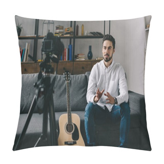 Personality  Music Blogger Sitting On Sofa And Talking About Acoustic Guitar  Pillow Covers