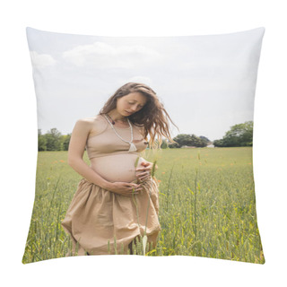 Personality  Pregnant Woman Holding Spikelet Near Belly In Summer Field  Pillow Covers