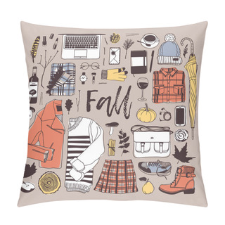 Personality  Hand Drawn Autumn Illustration. Creative Ink Art Work School Things. Actual Vector Student Seamless Pattern - Vector Pillow Covers