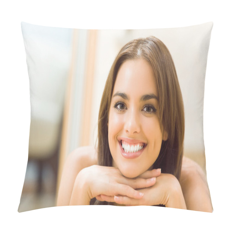 Personality  Portrait of young smiling woman, at home pillow covers
