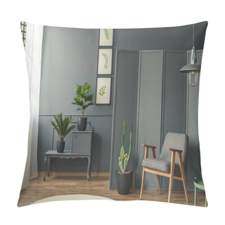 Personality  Grey Room Interior With Plants In Black Pots On A Cupboard Next To A Chair On Wooden Floor Pillow Covers