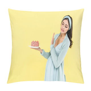 Personality  Pregnant Woman Showing Refuse Gesture While Holding Sweet Dessert Isolated On Yellow Pillow Covers