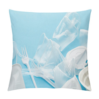 Personality  Crumpled Plastic Cups And Forks On Blue Background Pillow Covers
