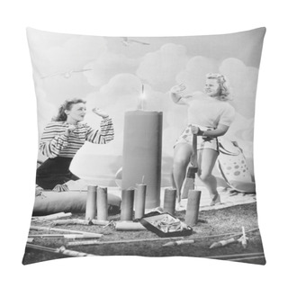 Personality  Two Women Sitting Around Fire Works Pillow Covers