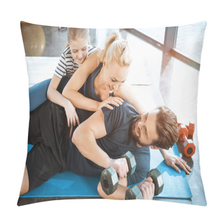 Personality  Happy Family Having Fun At Gym, Man Holding Dumbbells Pillow Covers