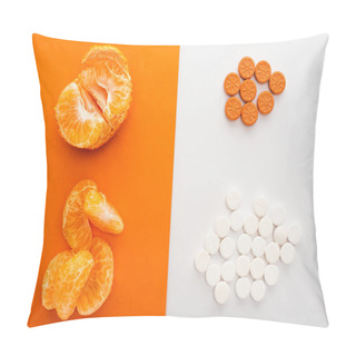 Personality  Top View Of Dietary Supplements And Mandarin On White And Orange Pillow Covers