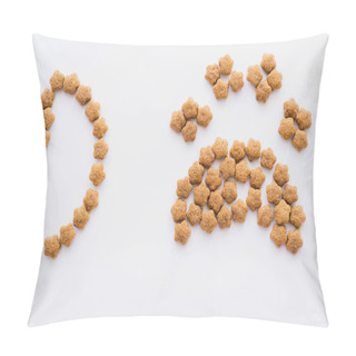 Personality  Top View Of Paw Shape Made Of Dry Pet Food Near Letter Isolated On White Pillow Covers