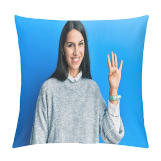 Personality  Young Hispanic Woman Wearing Casual Clothes Showing And Pointing Up With Fingers Number Four While Smiling Confident And Happy.  Pillow Covers