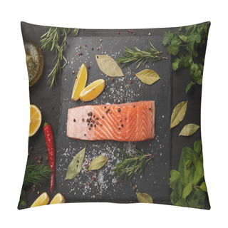Personality  Raw Salmon With Herbs And Lemons On Slate Background Pillow Covers