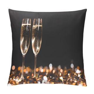 Personality  Champagne Glasses On Golden Confetti On Black For New Year Celebration Pillow Covers