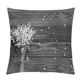 Personality  A Bouquet Of White Flowers Lily Of The Valley And Fallen Buds On Wooden Boards In Black And White Pillow Covers