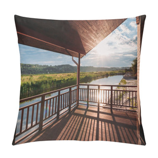 Personality  Wide Shot Of Of Beautiful Sunset Over River From Wooden Terrace Pillow Covers