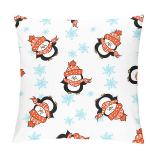 Personality  Christmas Happy  Baby Penguin  Seamless Pattern With Merry Christmas Text And Snowflakes Pillow Covers