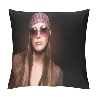 Personality  Fashion Girl With Round Sunglasses. Hippie Style  Pillow Covers