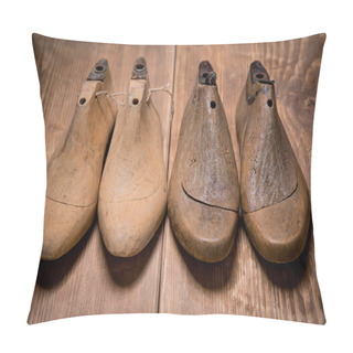 Personality  Shoe Lasts On Wooden Background. Pillow Covers